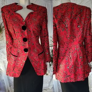 Vintage Cache Brocade Tailored Heart Neck Red Gold and Black Blazer Sz 4